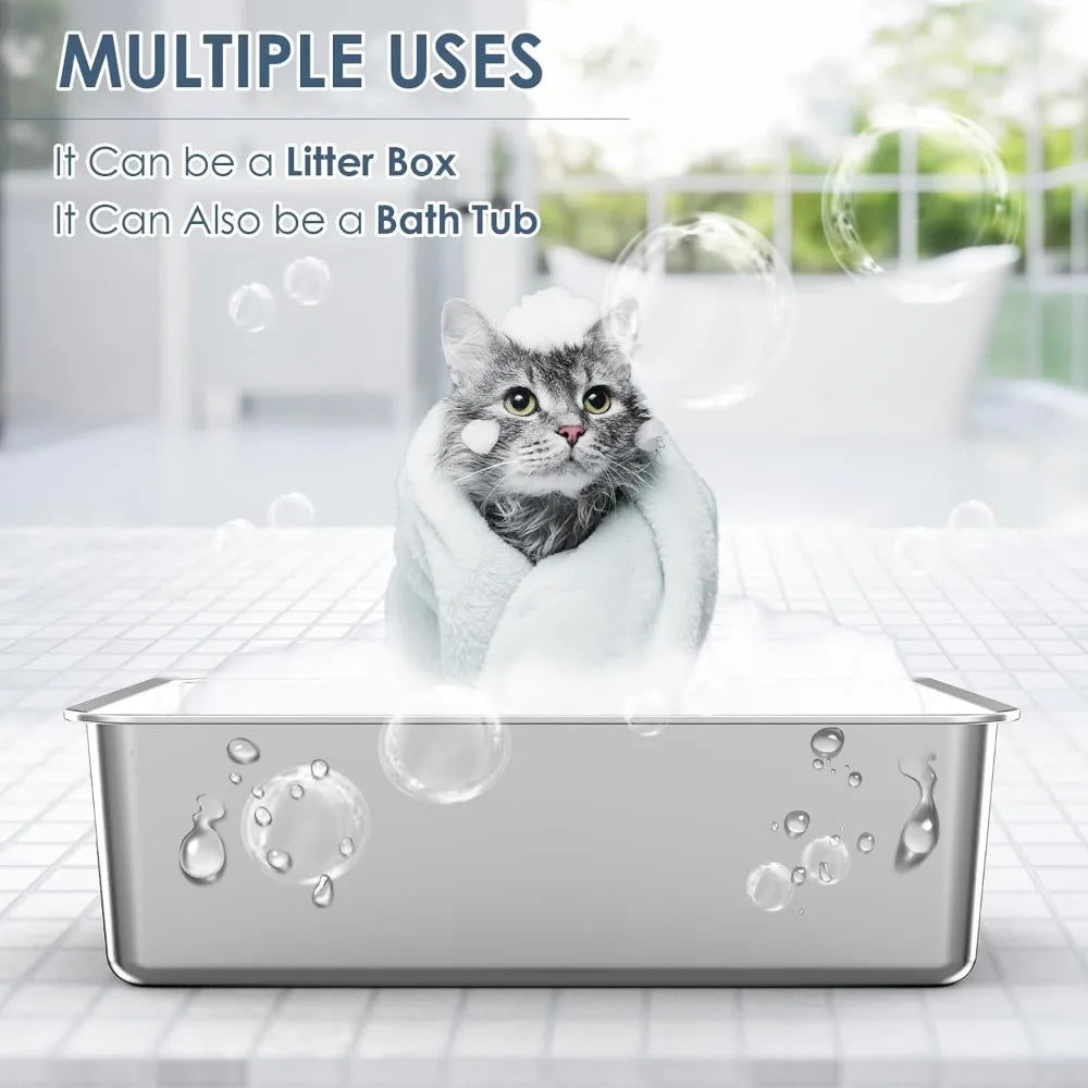 2 Pack 23.6" x 15.7" x 6" Deep & Extra Large Stainless Steel Cat Litter Boxes with High Sides