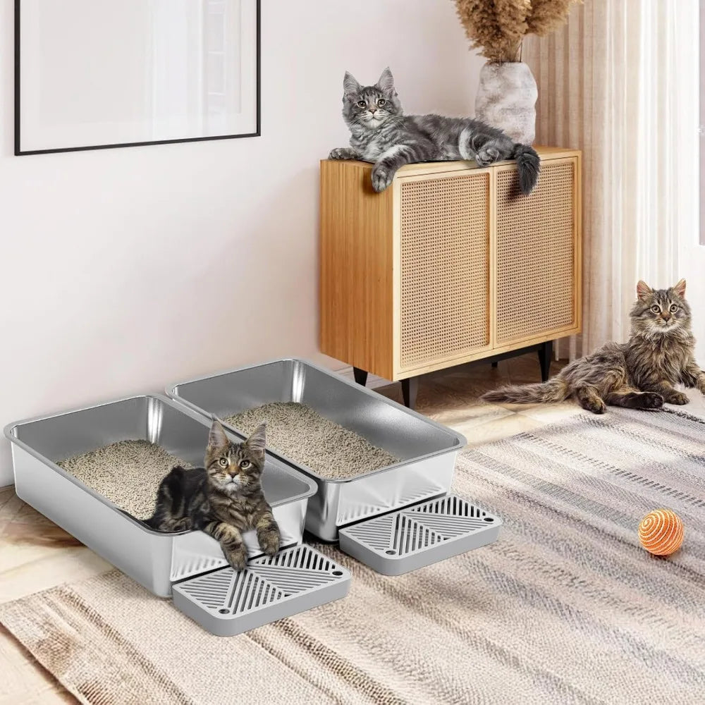 2 Pack 23.6" x 15.7" x 6" Deep & Extra Large Stainless Steel Cat Litter Boxes with High Sides