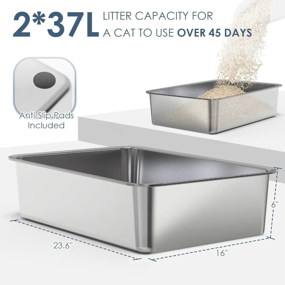 2 Pack 23.6" x 15.7" x 6" Deep & Extra Large Stainless Steel Cat Litter Boxes with High Sides