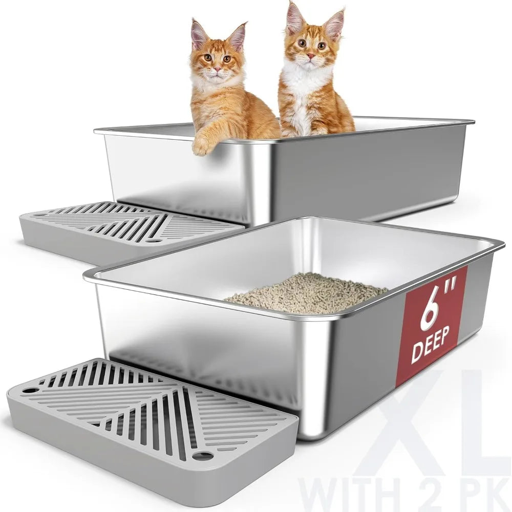 2 Pack 23.6" x 15.7" x 6" Deep & Extra Large Stainless Steel Cat Litter Boxes with High Sides