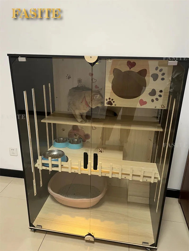 Waterproof Cat Cage Villa Household Indoor Cat House Litter Luxury Multi-layer Climbing Large Space Cat Villa Solid Wood Cabinet