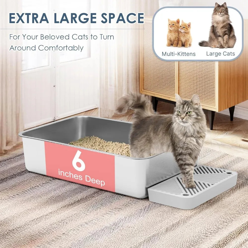 2 Pack 23.6" x 15.7" x 6" Deep & Extra Large Stainless Steel Cat Litter Boxes with High Sides